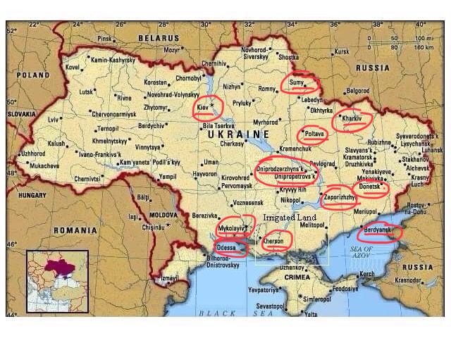 A map of the Ukraine highlighting the areas that are receiving aid