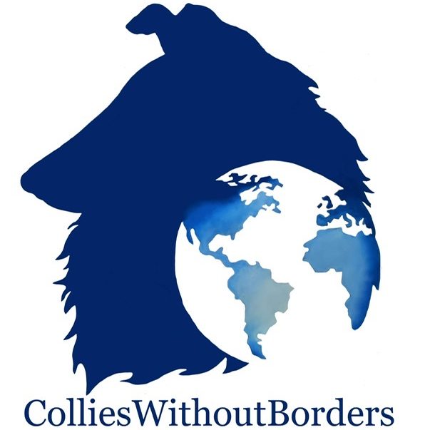 A logo with a Rough Collie and a map of the world